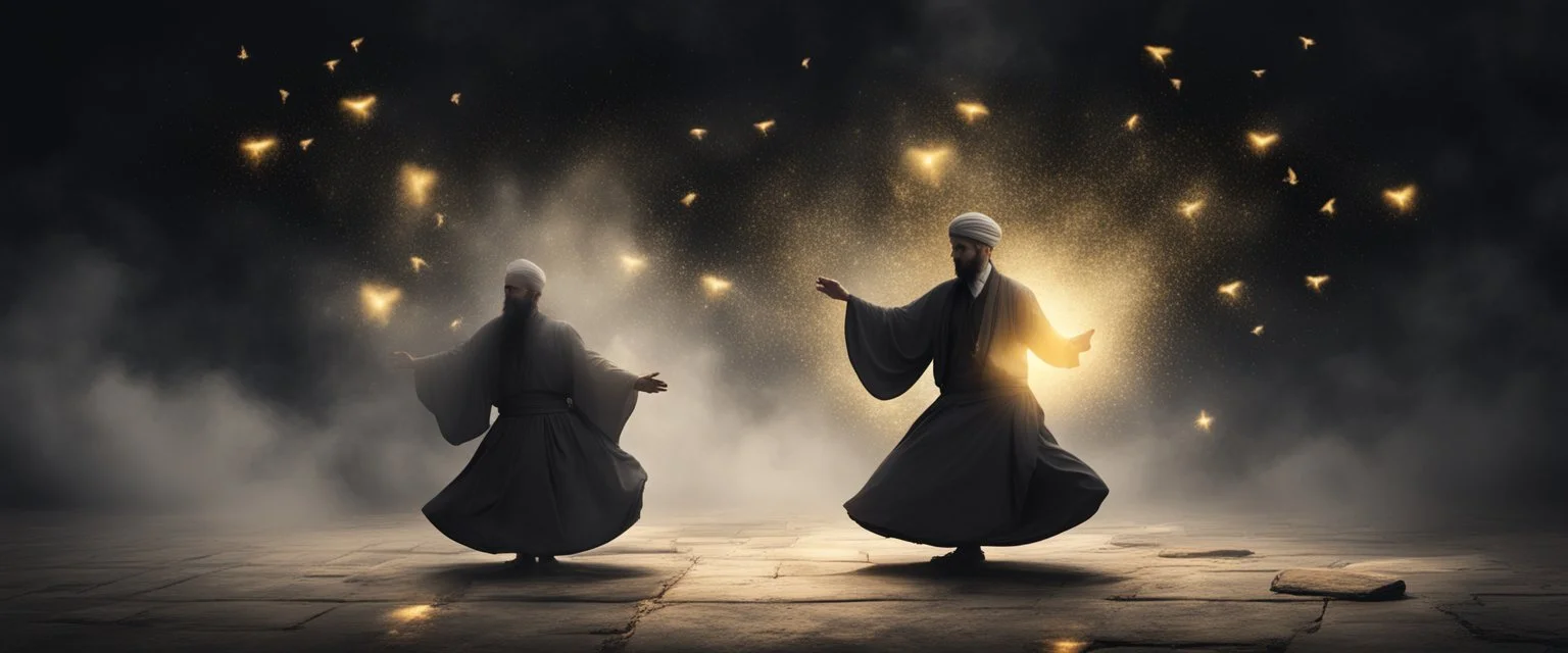 Hyper Realistic Sufi Whirling on stone floor with black & Golden Islamic Sufi Rustic Grungy Background with heavy fog & fireflies at dark night