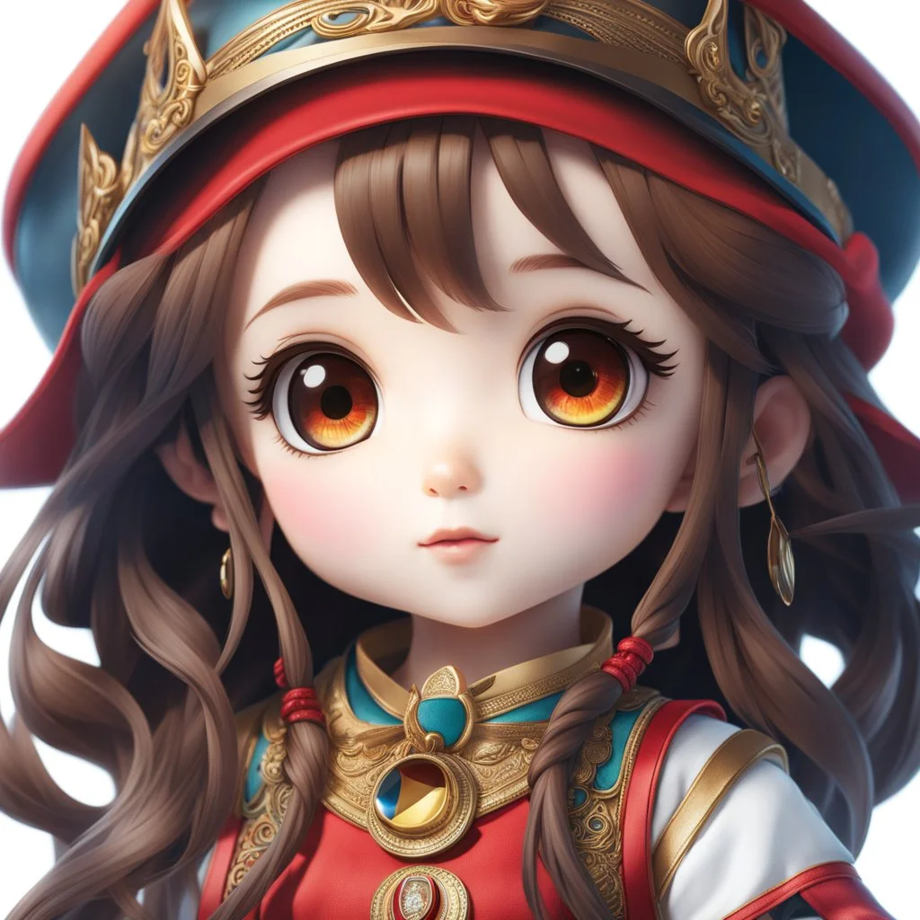 (close-up headshot) of a 4-year-old girl with long brown hair, (vibrant red eyes), cute, intricately detailed, masterpiece, anime chibi doll, 4k, kawaii