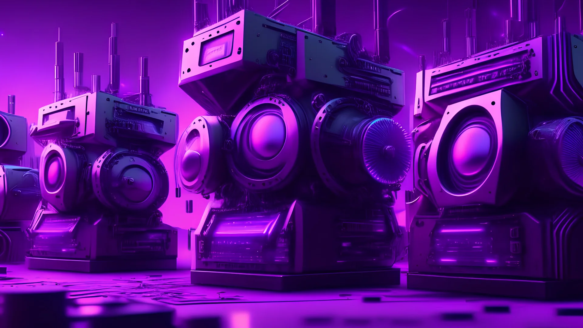 five giant magic generator machines side by side with lots of gadgets, purple tones, dreamy, psychedelic, 4k, sharp focus, volumetrics, trippy background