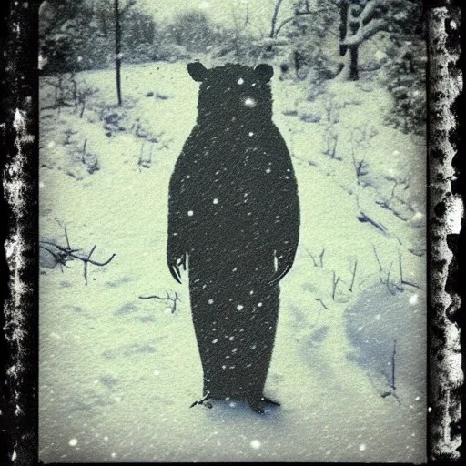 cryptid creature in the snow polaroid vintage style realistic