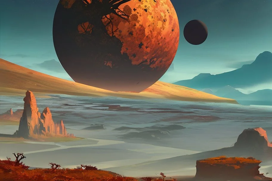 autumn vegetation, one exoplanet in the horizon, big stones, cliff, sci-fi, movie poster style