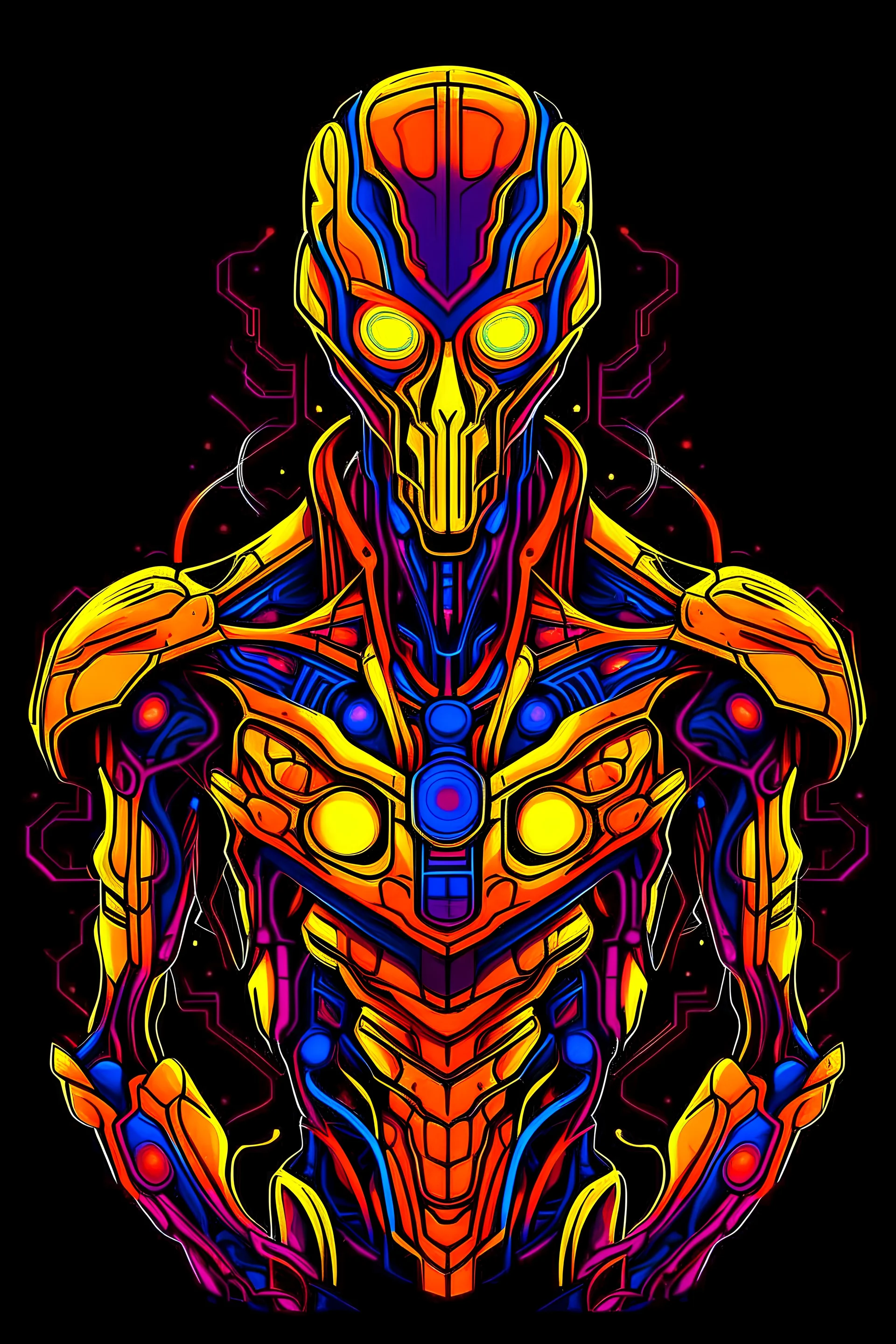 Vibrant Vector Art, Front View, alien robot with armor, neon purple, yellow and Orange lava veins, stylized, below shoulders body, half skin, black background, closed mouth , wider face,