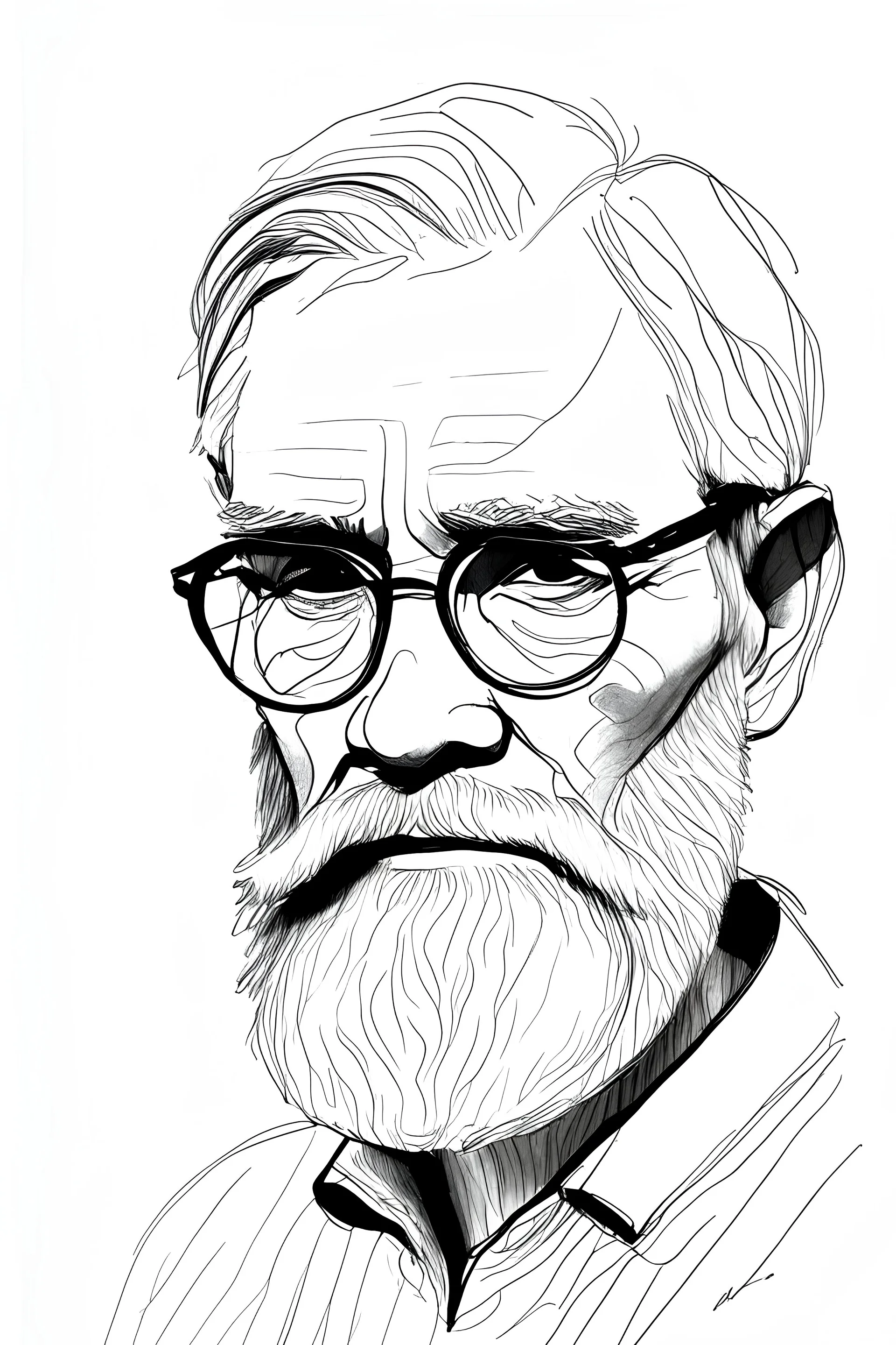 deseneaza dupa imagine un portret de batran cu barba si cu ochelari sketch in stil minimal art , hasurat cu linii scurte si oblice si incadreaza in pagina