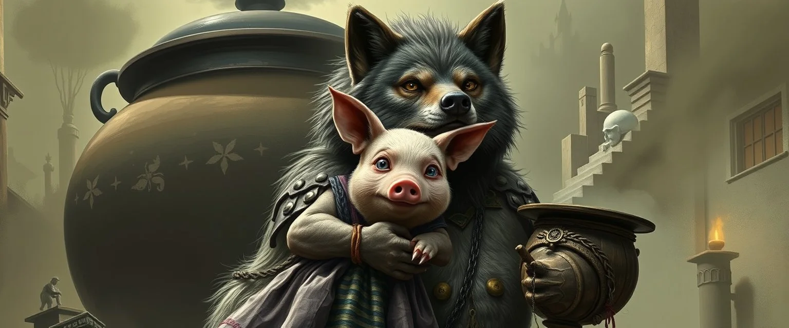 bad hairy chest wolf carrying a lovely scared wtf are you up to, Korean pig girl with dress under his arms, big cauldron in the background in the style of Escher and fallout 4