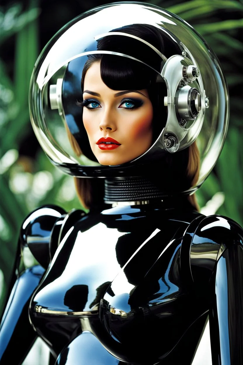 female humanoid robot, beautiful like a supermodel from the sixties, beautiful eyes, sexy, helmut newton, glass bubble