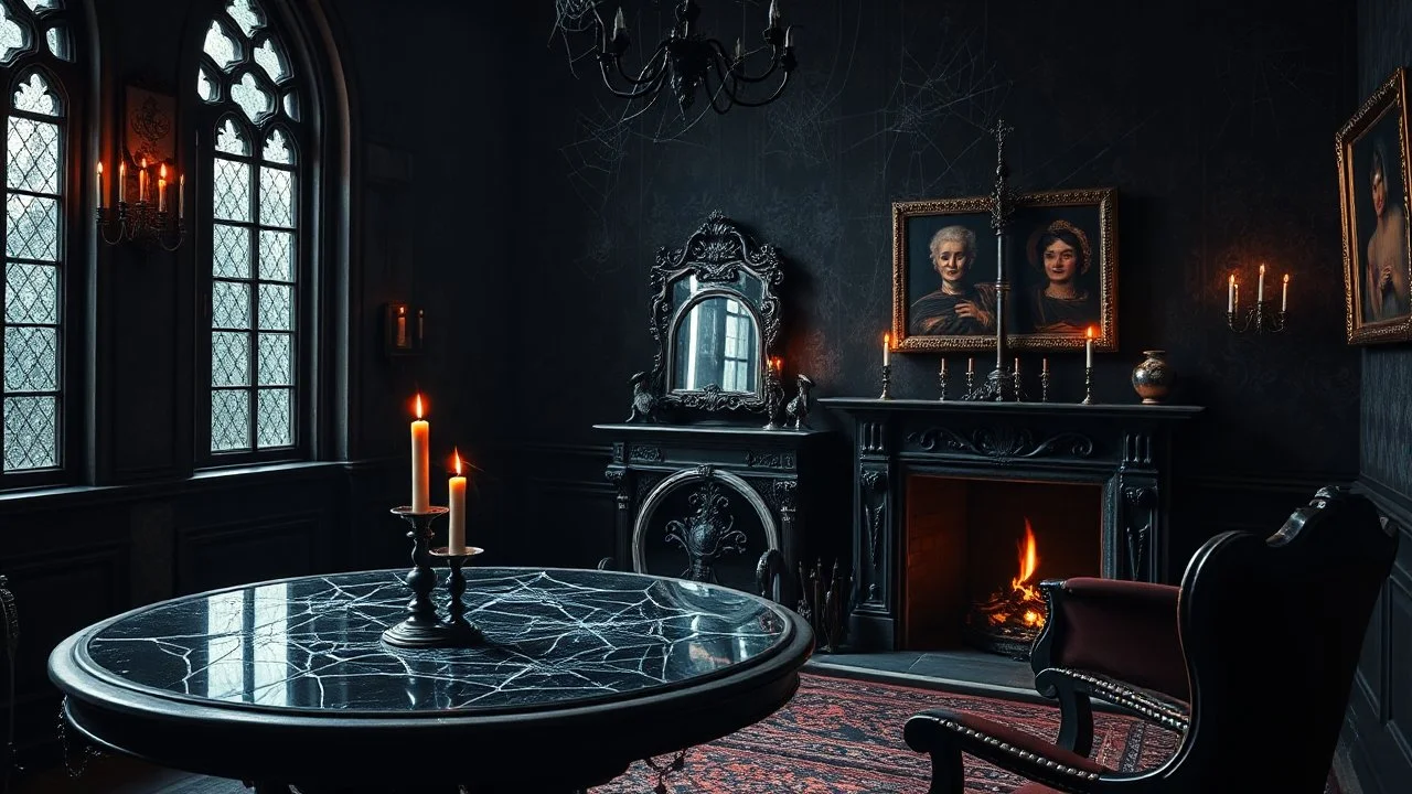 a high-detailed gothic castle room with unique interior. The stunning antique beauty is captured with an old, moody atmosphere. The gothic windos and interiors in Victorian and Goth style table with one candle, chair, mirror, old crepy dark pictures, one stunning old black marble fireplace, nice armchair , some spider webs on window, sharp focus, realistic,. The color palette is dominated by black, red, silver, hues, casting a dramatic glow , interior photo, hig realistic, detailed, beautifull s