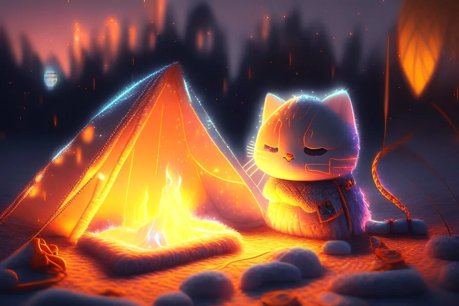 Against a dark cracked holographic marble background, a cute chibi plushy fluffy knitted and embroidered cat, tent, campfire, pond, mist and fog in sunshine, drawn in orange glowing neon lines. The cracks in the background are golden. Ethereal, cinematic postprocessing.