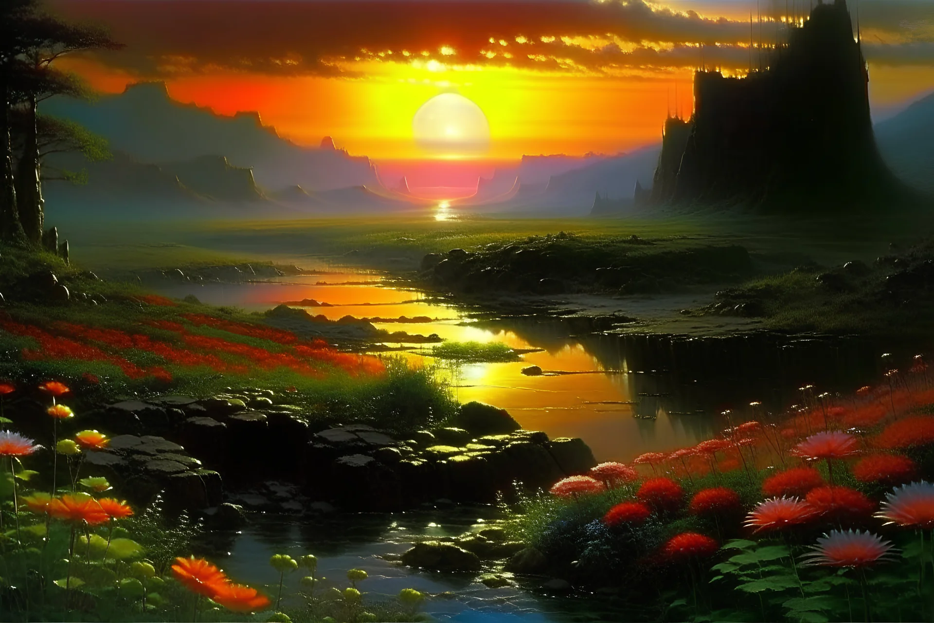 Beautiful epic sunset, logan's run 1976 movie influence, cosmic, people, rocks, river, flowers, very epic and philosophic, otto pippel impressionism paintings