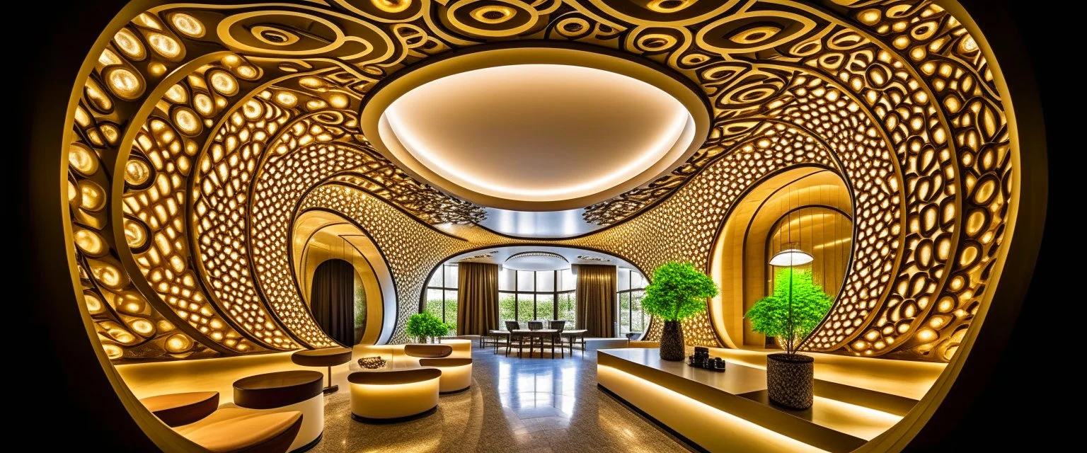 A luxurious hotel with a modern, organic design featuring intricate circles and curves.