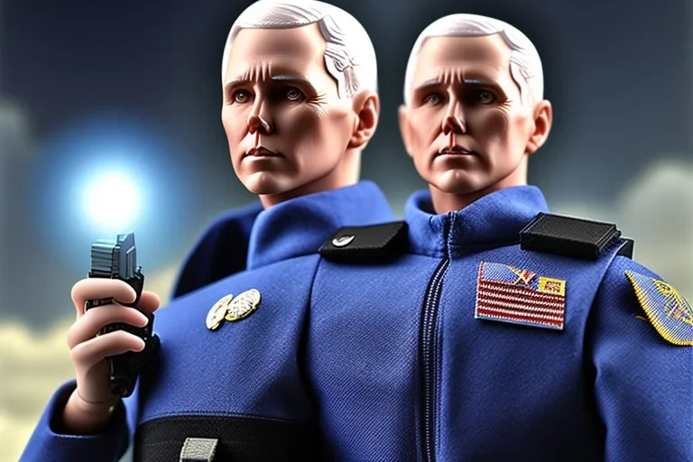 Mike Pence Face as G.I. Joe toy Doll figure With a pistol space force Blue fabric uniform, black Moonboot