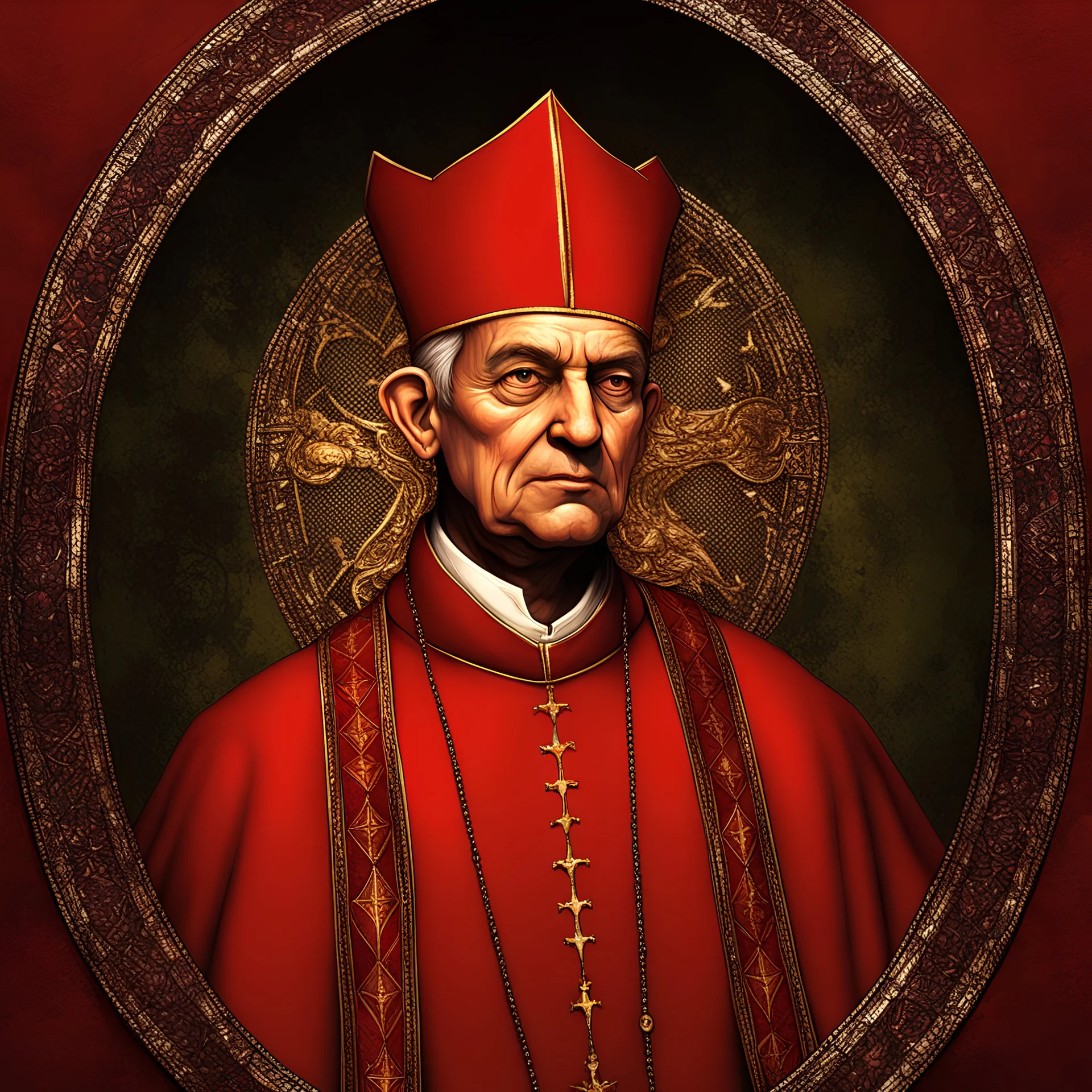 game avatar, man, portrait, face, cardinal priest, religion, red, medieval, red biretta, illustration