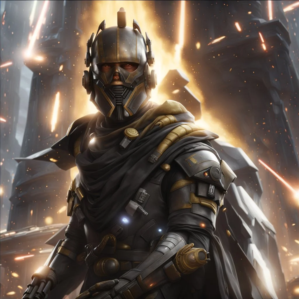 star wars bald male corellian pilot wearing pearlescent black and gunmetal grey First Order special forces heavy assault armor and helmet with gold trim inside the jedi temple, centered portrait, hyperdetailed, dynamic lighting, hyperdetailed background, 8k resolution, volumetric lighting, light skin, fully symmetric details