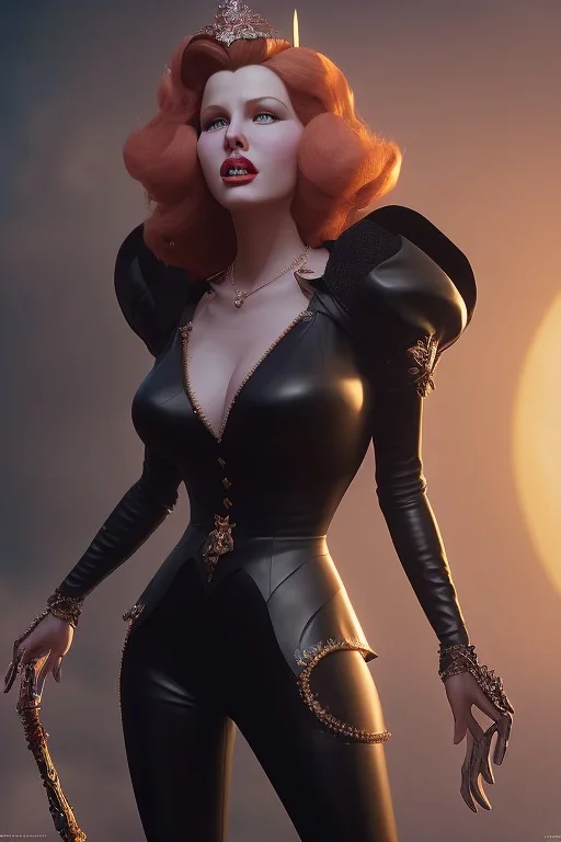 Rita Hayworth as evil queen in black leather, busty, cleavage, dominatrix, curvy, angry, stern look. character design by cory loftis, fenghua zhong, ryohei hase, ismail inceoglu and ruan jia. unreal engine 5, artistic lighting, highly detailed, photorealistic, fantasy