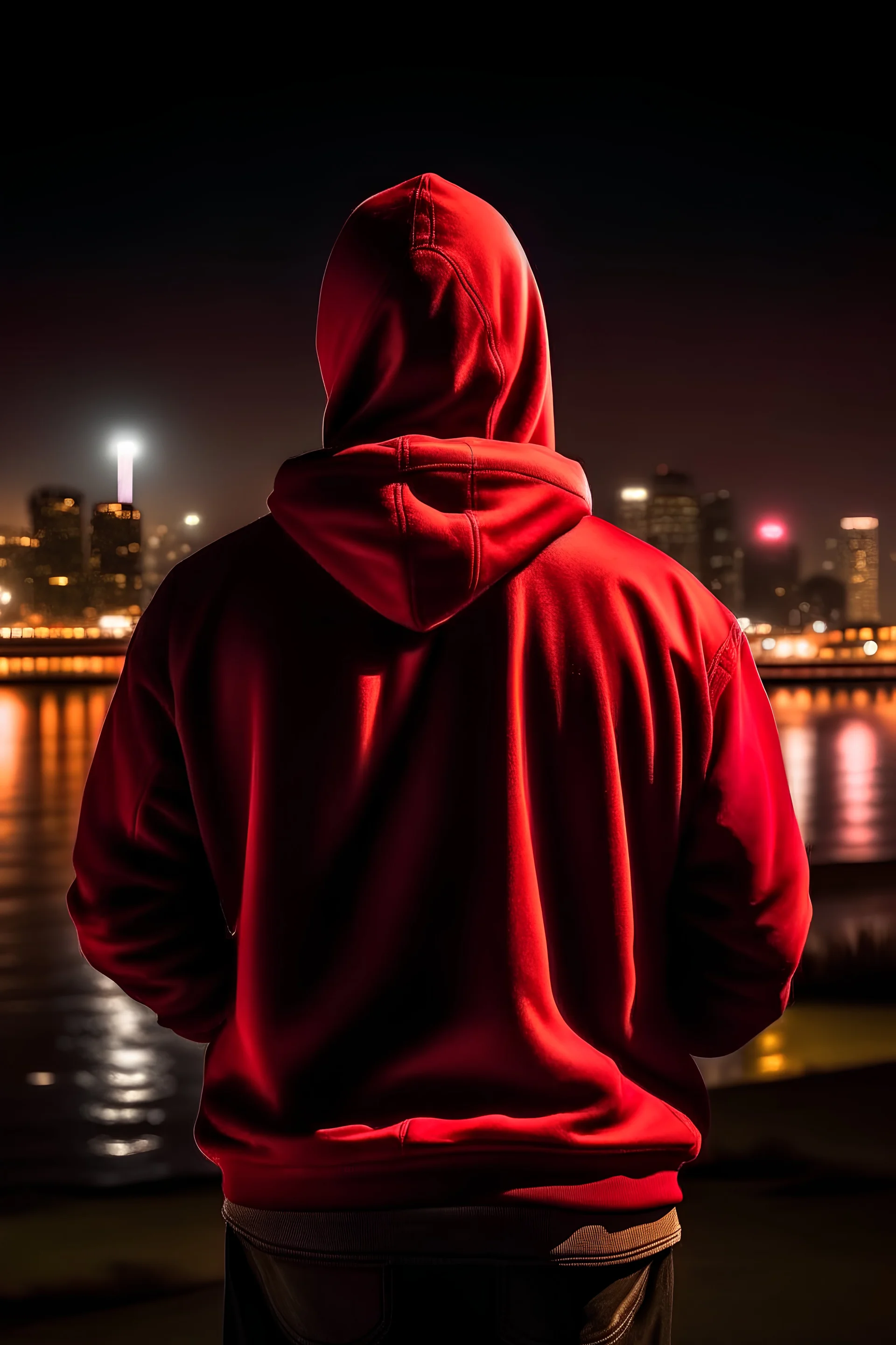 Man seen from behind with a red hoodie on. Looking at the city skyline at night. He is standing in front of water. He is holding a revolver.