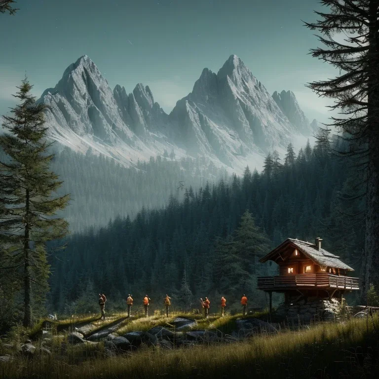 Five people hunting in forest, sense of fear, mountain hut in the background, Alps, night sky, 8k, HD, cinematography, photorealistic, Cinematic, Color Grading, Ultra-Wide Angle, Depth of Field, hyper-detailed, beautifully color-coded, insane details, intricate details, beautifully color graded, Cinematic, Color Grading, Editorial Photography, Depth of Field, DOF, Tilt Blur, White Balance, 32k, Super-Resolution, Megapixel, ProPhoto RGB, VR, Halfrear Lighting, Backlight, Natural Lighting, Incande