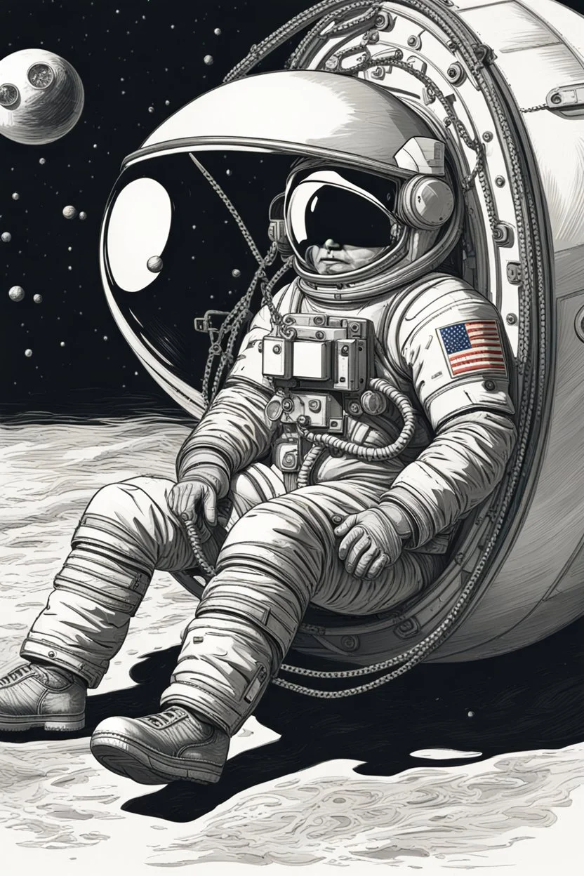 close side view of An astronaut sitting on a large steel ball.floating in the air, wide legs, holding on to the chain