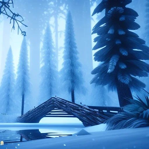 Forest ice palms twigs winter, bridge birds,live house, bear, deer, unreal engine