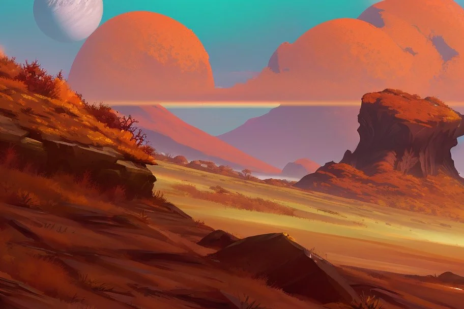 autumn vegetation, one exoplanet in the horizon, big stones, cliff, sci-fi, movie poster style