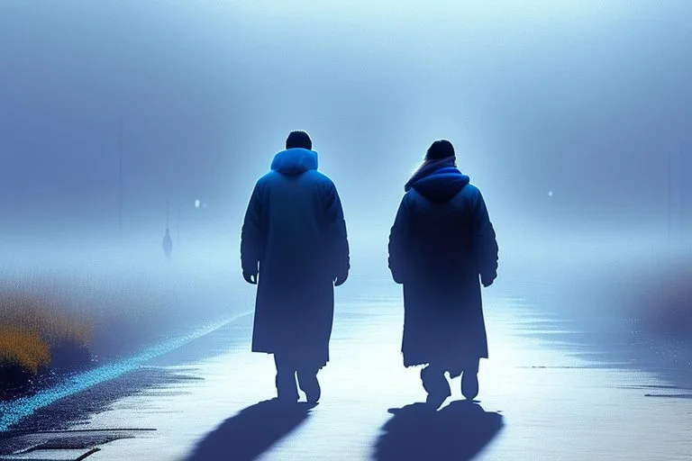 two people without gender seen from behind walking side by side in an empty foggy plain, above there is blue sky