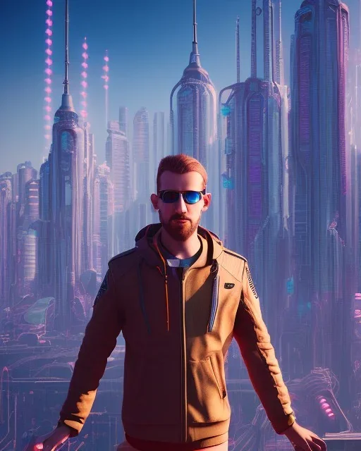 Santa Cruz in cyberpunk clothes standing on rooftop, cool cyberpunk city in background