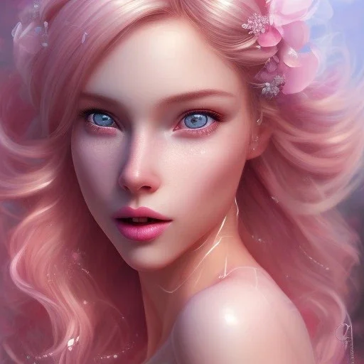 fairy, smiling, pink, blonde hair, beautiful, whole face, hyperrealism, masterpiece, expert, cinematic lighting, sharp focus, 8K, pastel, macro lens, woman, detailed, flower