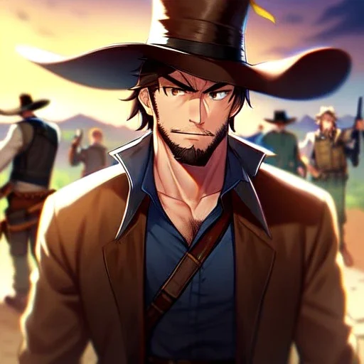Clear Focus, High resolution, gunslinger, Bearded, short brown hair, serious eyes,