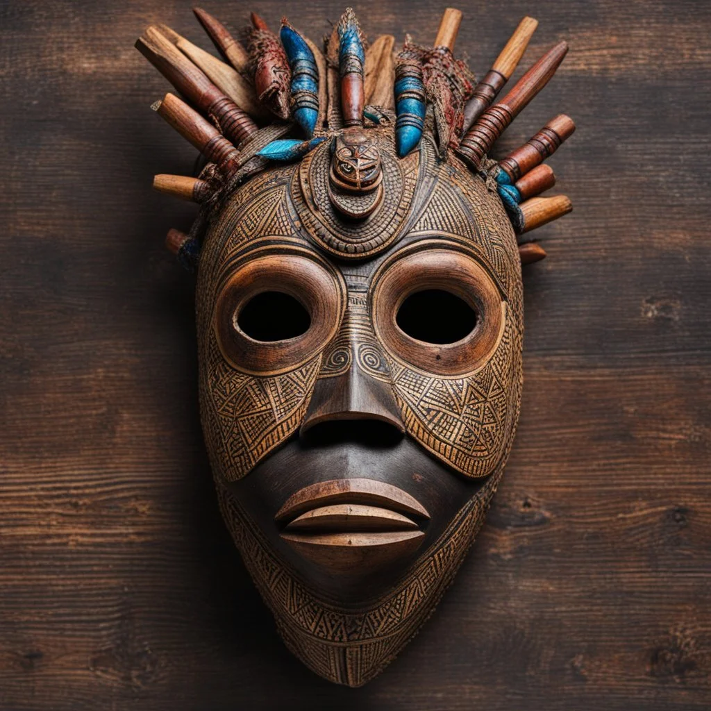 ceremonial African wooden war mask, african art, hyperreal, maximalism, creepy