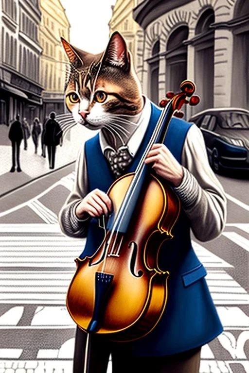 One single mature cat playing violin on the street, Vienna, friendly, model style, hyper realistic, extremely accurate, delicate, extremely detailed, Graphic novel style, wide-angle, open aperture, superfine pencil