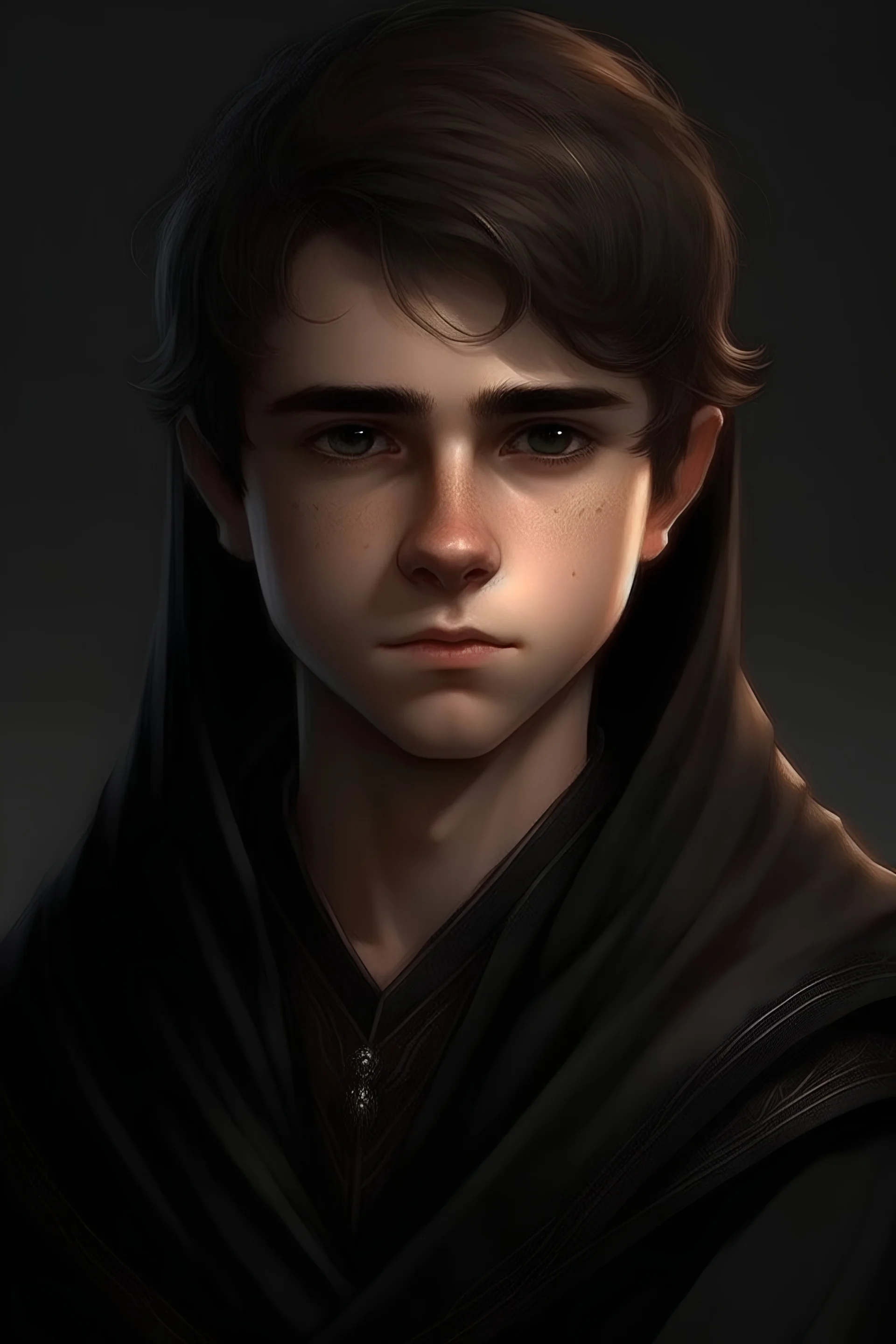 a 15 year old male, short brown hair, round innocent face, brown eyes, melancholic, dressed in black robes, realistic epic fantasy style