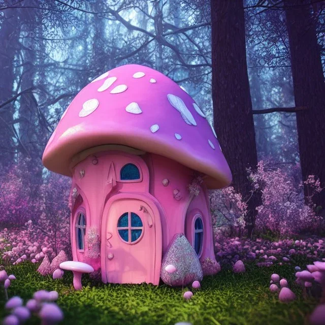 a cute pink and blue fairy house in the forest, spring time, mushrooms, 8k, flickering light, centered, high-quality, fine-detail, digital art, detailed matte, volumetric lighting, illustration, 3D octane render