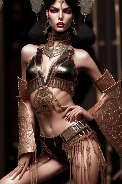 Beautiful perfect Portrait bronze skin, red to pink cyberpunk Arabic Goth lady, bare muscular midriff BlackFuturism full body shot, full-color long shot skin-tight ornate black filigree sheer bikini armor and silver leather miniskirt with thigh-high slit positive space detailed hyperdetailed insane masterpiece picture of the day