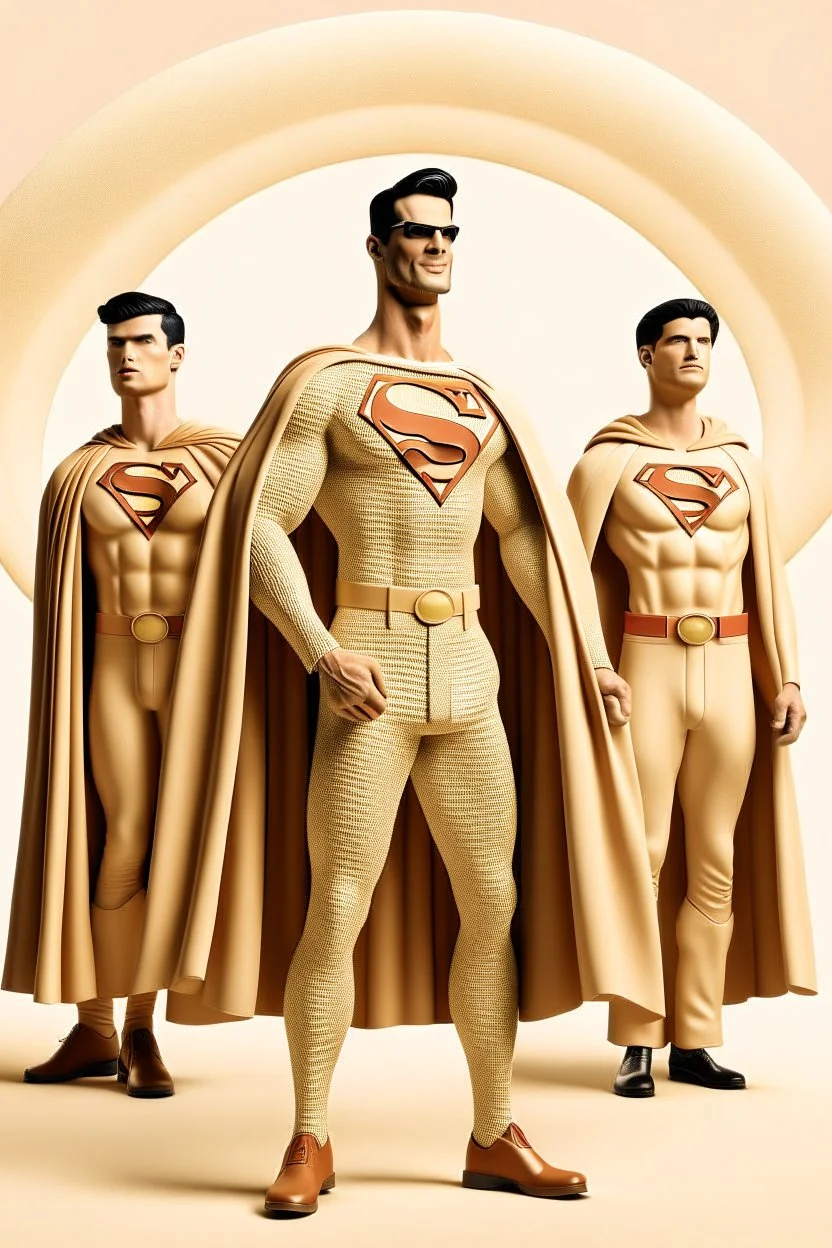 three men in different Balenciaga Superman's big emblem clothing, beige tones, fashion plates, outfits, modern designs, deconstructed tailoring, rendered in cinema4d –q 2 –ar 3:5