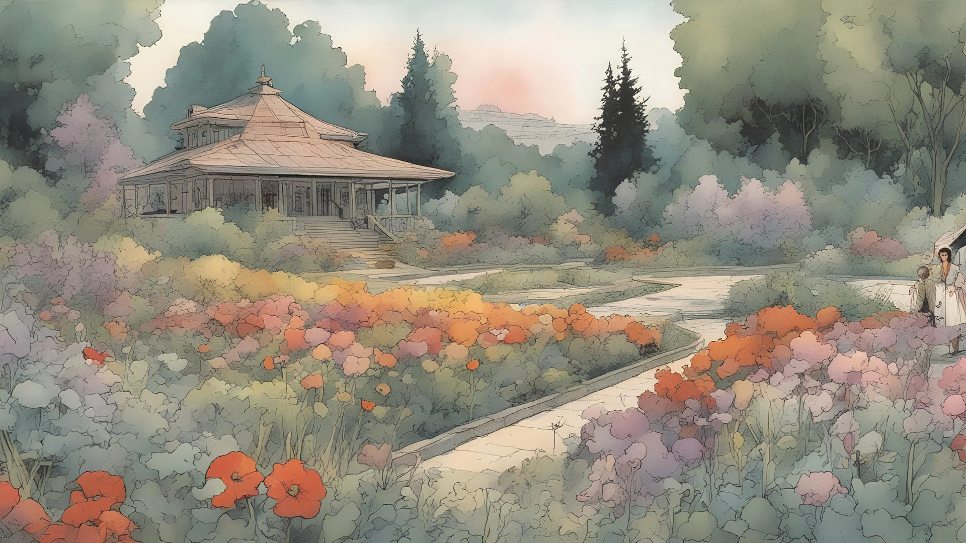 Flower garden, create in inkwash and watercolor, in the comic book art style of Mike Mignola, Bill Sienkiewicz and Jean Giraud Moebius, highly detailed, gritty textures, dramatic natural lighting