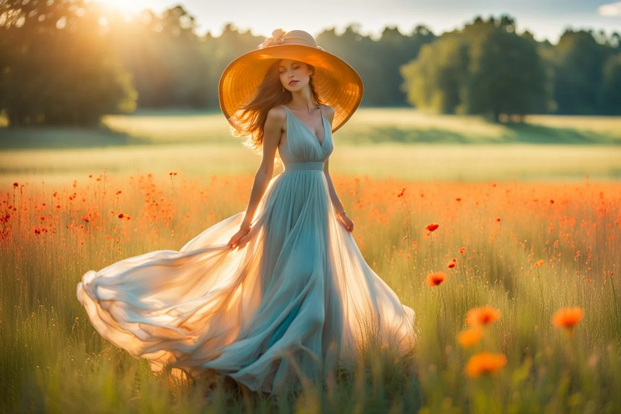 A young woman, elegantly adorned in a big summer hat and a flowing dress that matches the vibrant hues of the surrounding meadow, stands confidently in the center of a vast field. Her eyes are closed, a gentle smile playing on her lips as she feels the warm embrace of the sunshine and the tender kiss of a soft summer breeze. The meadow is a canvas of harmony, painted with a dazzling array of wildflowers that dance and sway in the little wind. The blue sky