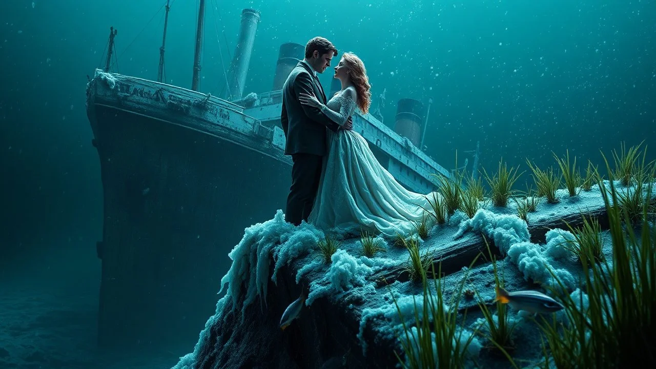 A Hyper Realistic and Hyper Detailed frozen bodies Of Jack And Rose Of Titanic standing in their romantically signature pose On The Edgy-Top Of The Massive Titanic Shipwreck sank in the deep of the ocean, the dark destroyed shipwreck gives the haunted creepy vibe, water grass & piranha fishes showing Dramatic And cinematic Ambiance.