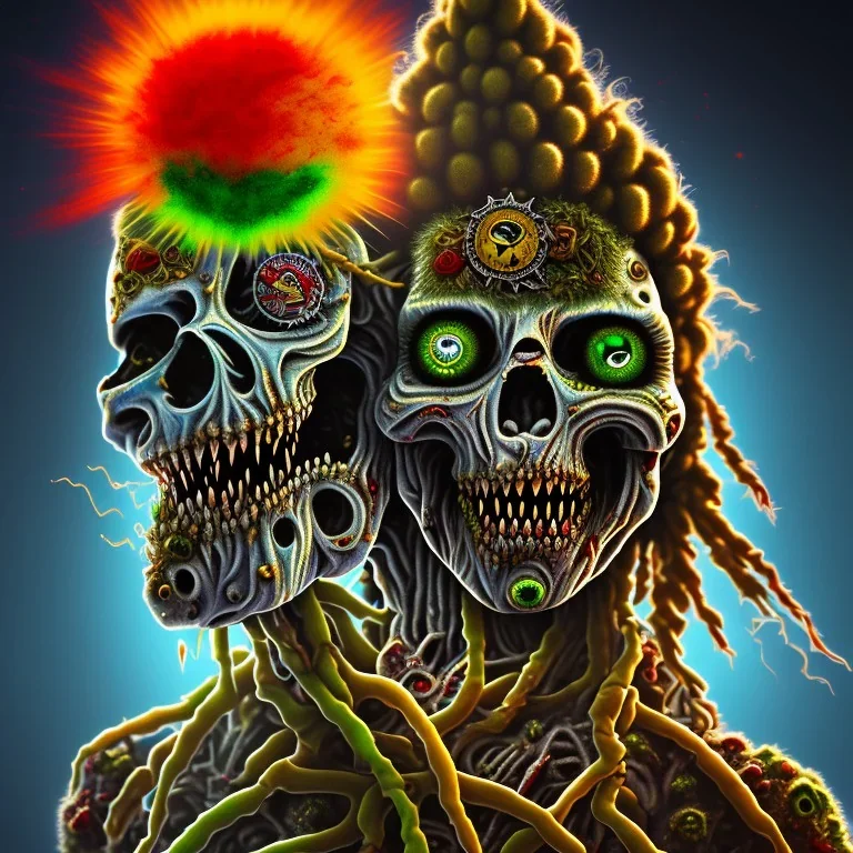 Corps entier Zombie rastafary iron maiden feuille cannabis, yeux rouges, bandeau couleur rasta,4k, couleur chaudes, plage et explosion nucléaire en fond image