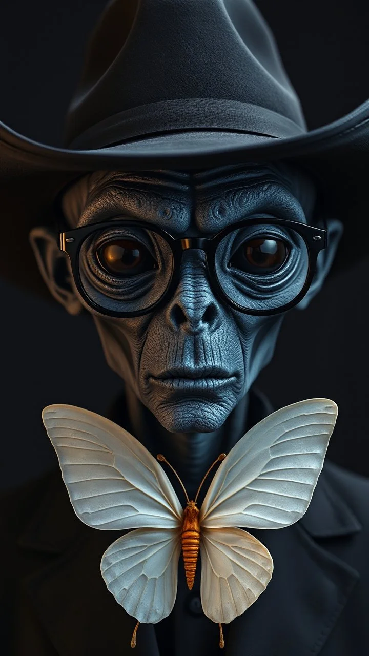 A man in black with a black cowboy hat and dark eyeglasses a body shot of a super blue skin alien, full head, old, looking at the camera, super big head, super big black eyes, small mouth, no ears, total black skin. photo real, hyperrealistic, high dynamic range, rich colors, lifelike texturesv, 8K UHD, high color depth. neutral dark background.warring a white papillon