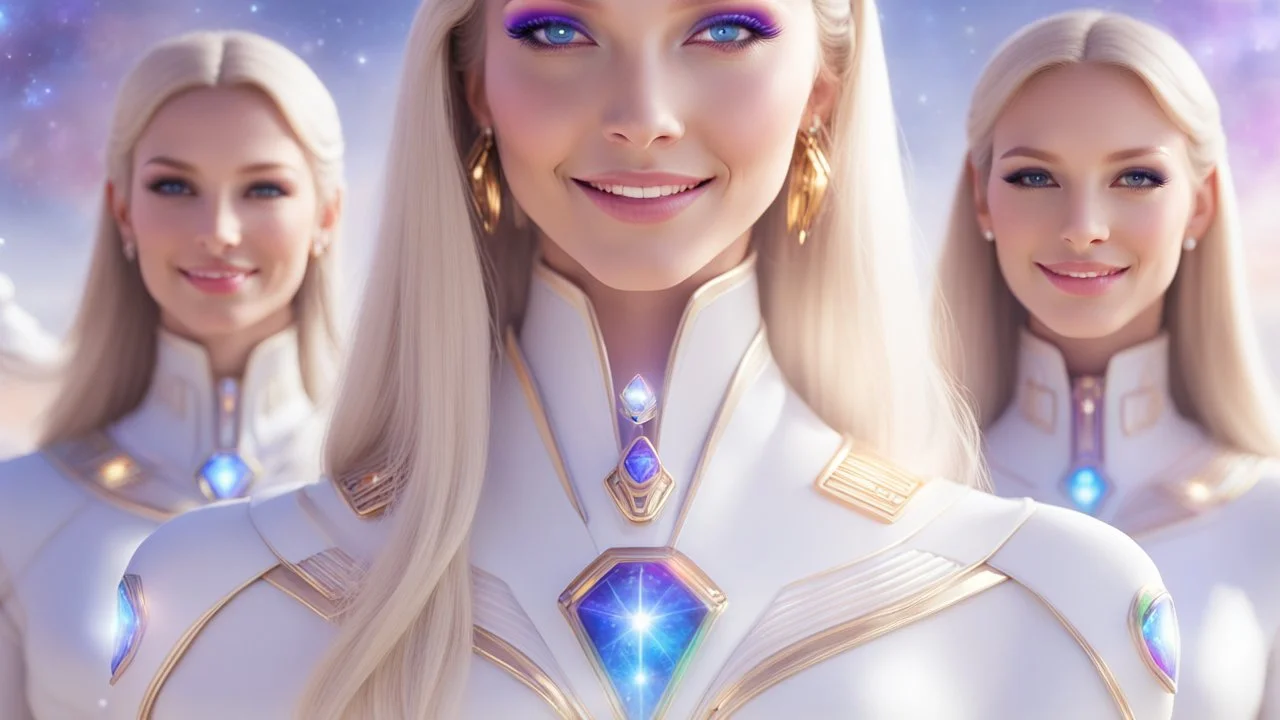 cosmic woman ,beautiful ufos rainbow, admiral from the future, galactic confédération, fine whole face, crystalline skin, expressive purple eyes,rainbow, smiling lips, very nice smile, costume pleiadian, Beautiful tall woman pleiadian Galactic commander, ship, perfect datailed golden galactic suit, high rank, long blond hair, hand whit five perfect detailed finger, amazing big puple eyes, mouth, high définition lips, cosmic happiness, bright colors