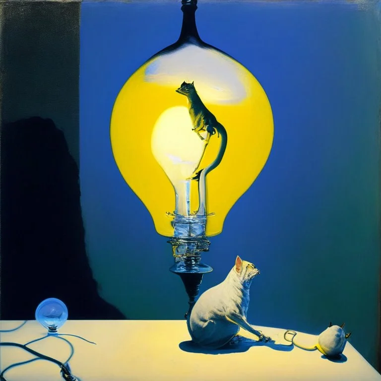 Abstract painting formed by a mix of human flesh-like surgical instruments and universe-like neuralink, a cat looking at a pigeon inside a huge bulb between light and shadow at dusk,surrealism,minimalism,Painting By Adrian Ghenie, Rene Magritte, Salvador Dali, Lucian Freud