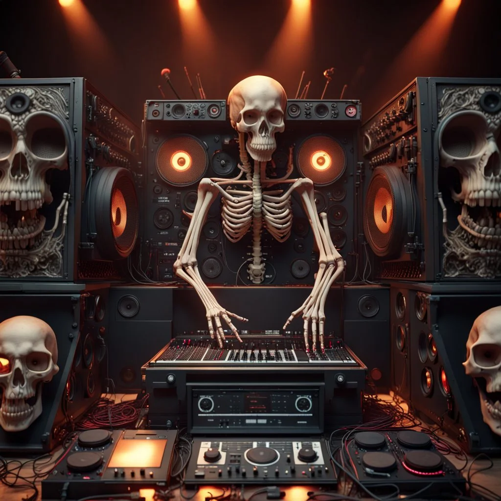 DJ of the damnded, insanely detailed DJ booth in hell, MID set, speakers and equipment made of bone, anatomically correct, add more skulls in th audience, photorealism, vray, 8k 3d