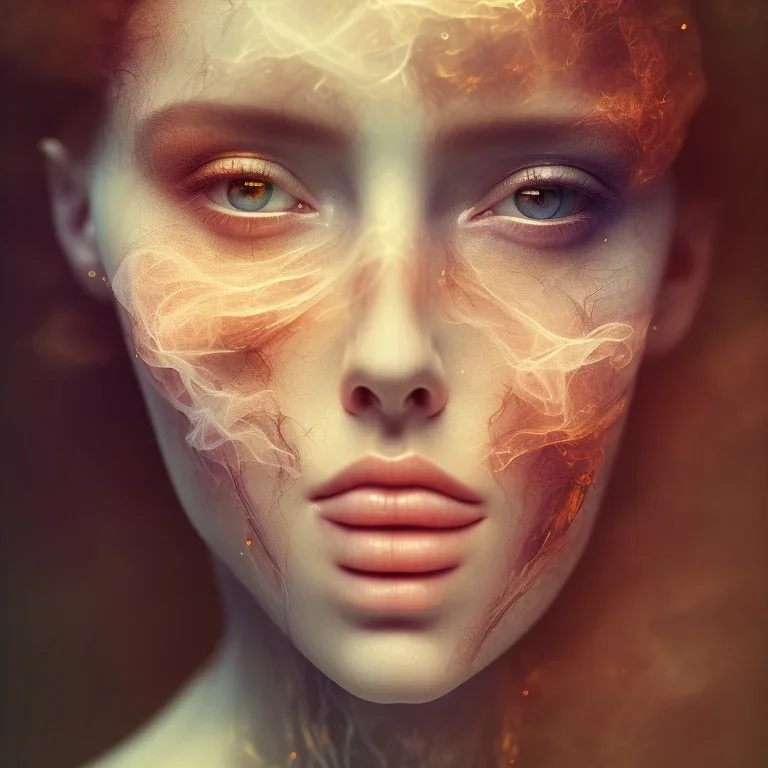 portrait photography of ethereal beauty, 8K, Portrait of a woman by Michelangelo, close-up face, anatomically perfect face, a sunny atmosphere, misty smoke, head crowing from oak tree roots