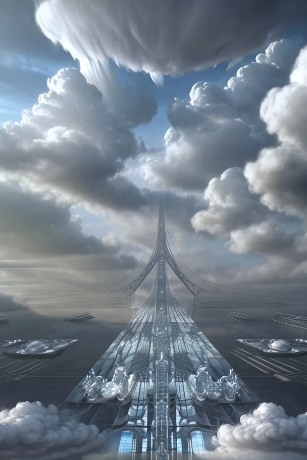 an idea is created of a bridge which has white clouds, in the style of futuristic digital art, grid formations, hall of mirrors, black and gray, photorealistic fantasies, multilayered dimensions, frontal perspective