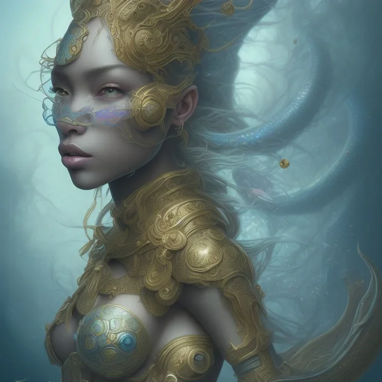 sango fantasy, fantasy magic, intricate, sharp focus, illustration, highly detailed, digital painting, concept art, matte, artgerm and paul lewin and kehinde wiley, masterpiece sexy lips Asian afro lips black African lady body mermaid blue Dragon head golden space lady sea under water mermaid pretty