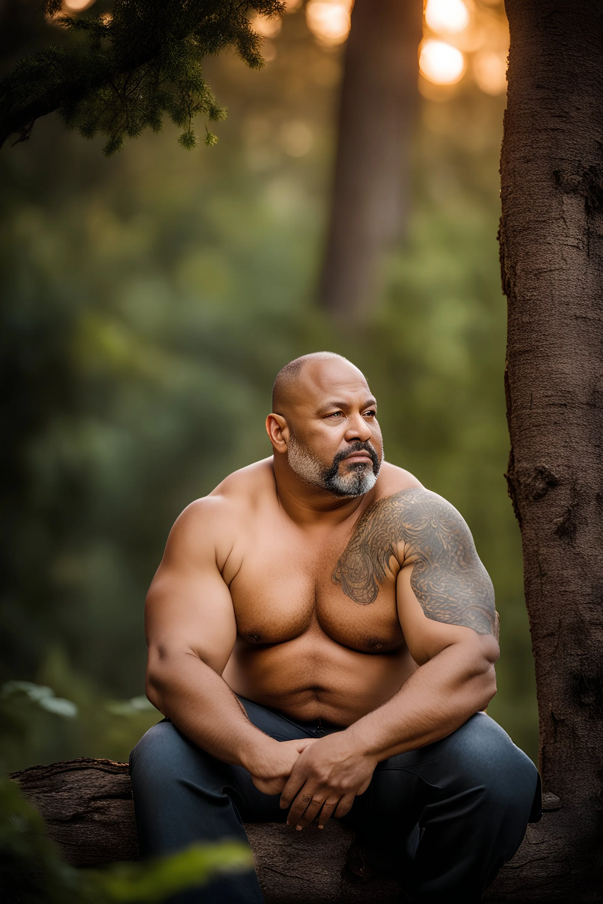 close up photography of a marocan 44 years old seated on a tree trunk in the wood, burly chubby muscular overweight, manly chest, white bulging boxer, shirtless, hairy , golden hour, tatoo,, 35mm lens, f/1.8, accent lighting, global illumination, frontal view from the ground