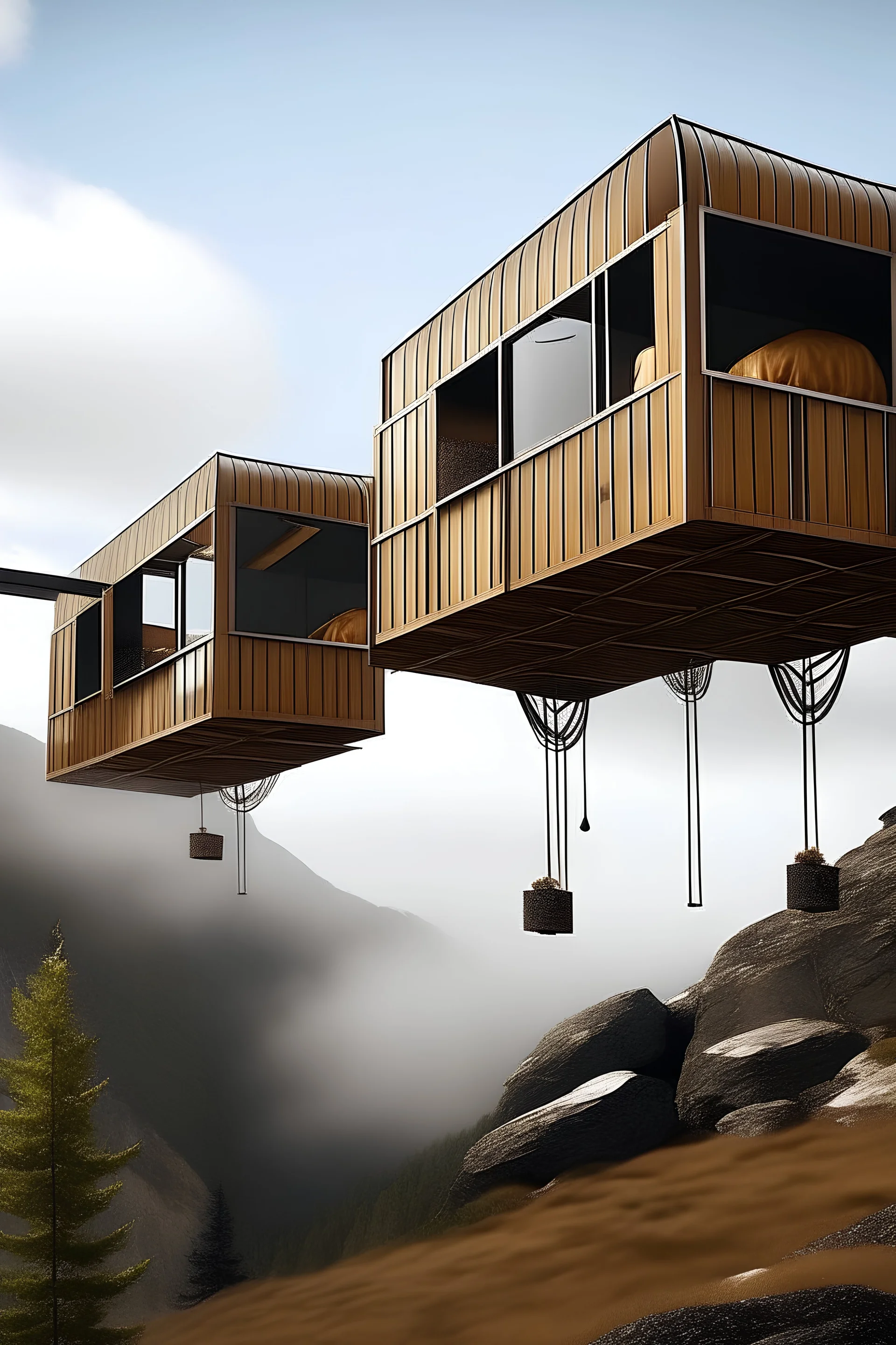 Capsules rooms suspended in the air and attached to the brown mountain by solid bars.