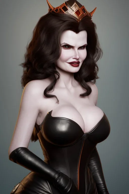 Geena Davis as evil queen in black leather, leather, busty, cleavage, angry, rage, stern look. character design by cory loftis, fenghua zhong, ryohei hase, ismail inceoglu and ruan jia. unreal engine 5, artistic lighting, highly detailed, photorealistic, fantasy