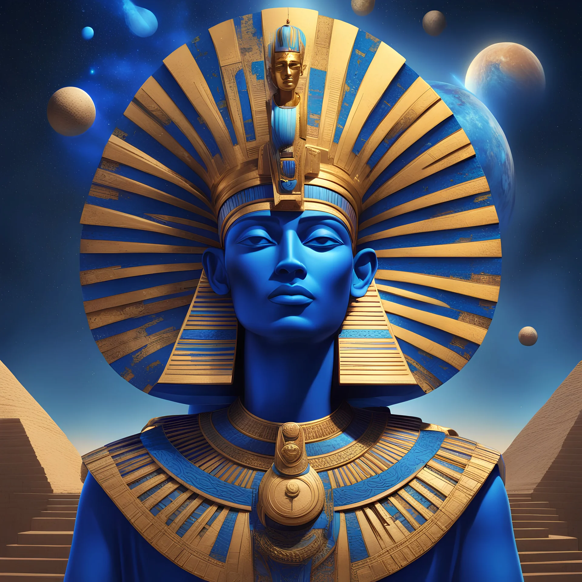 A surreal and vibrant digital artwork showcasing a colossal Egyptian pharaoh's head, intricately adorned with a regal blue and gold headdress. The scene unfolds against a cosmic backdrop teeming with swirling stars and distant planets. In the foreground, a heroic figure draped in a flowing cape stands triumphantly atop a towering mound of glistening currency, pointing dramatically towards the heavens. Surrounding this captivating display are a fusion of ancient monuments and futuristic technolog