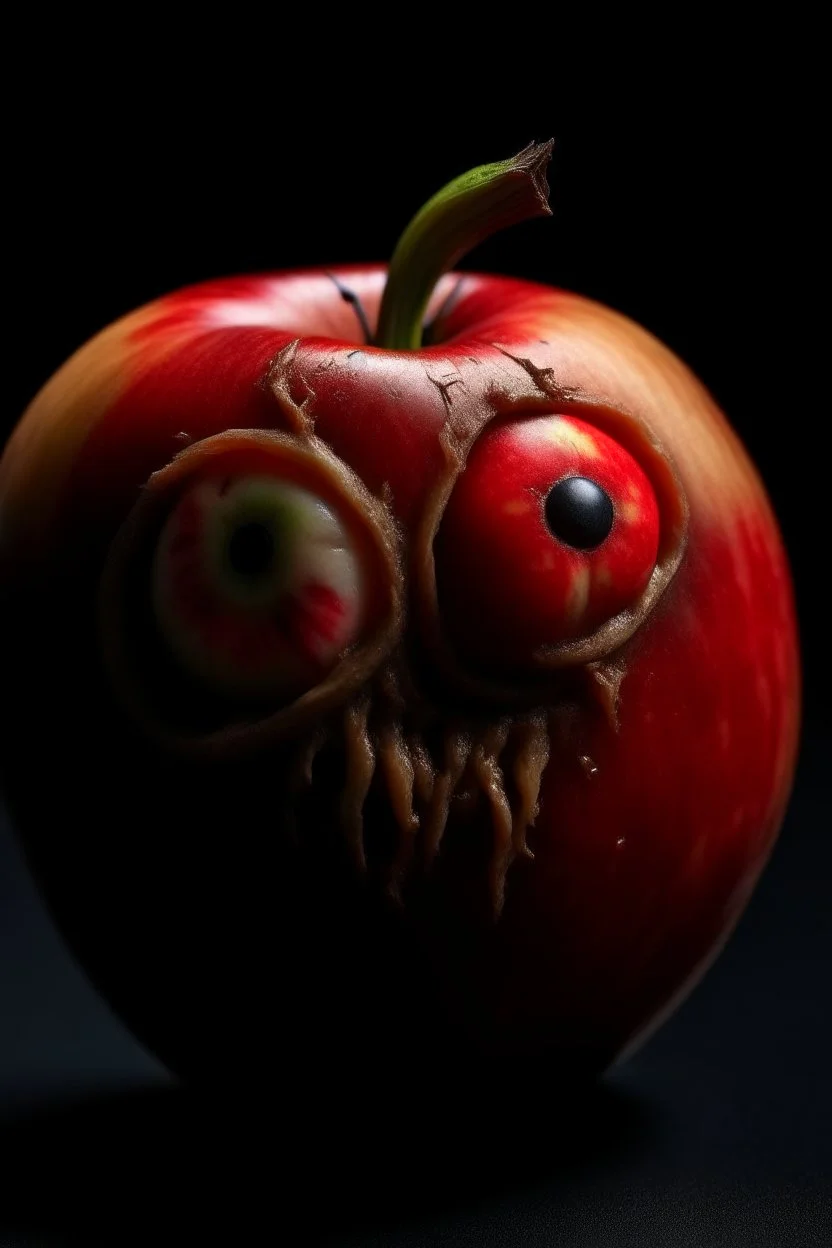 an apple with two ears and many teeth with red eyes