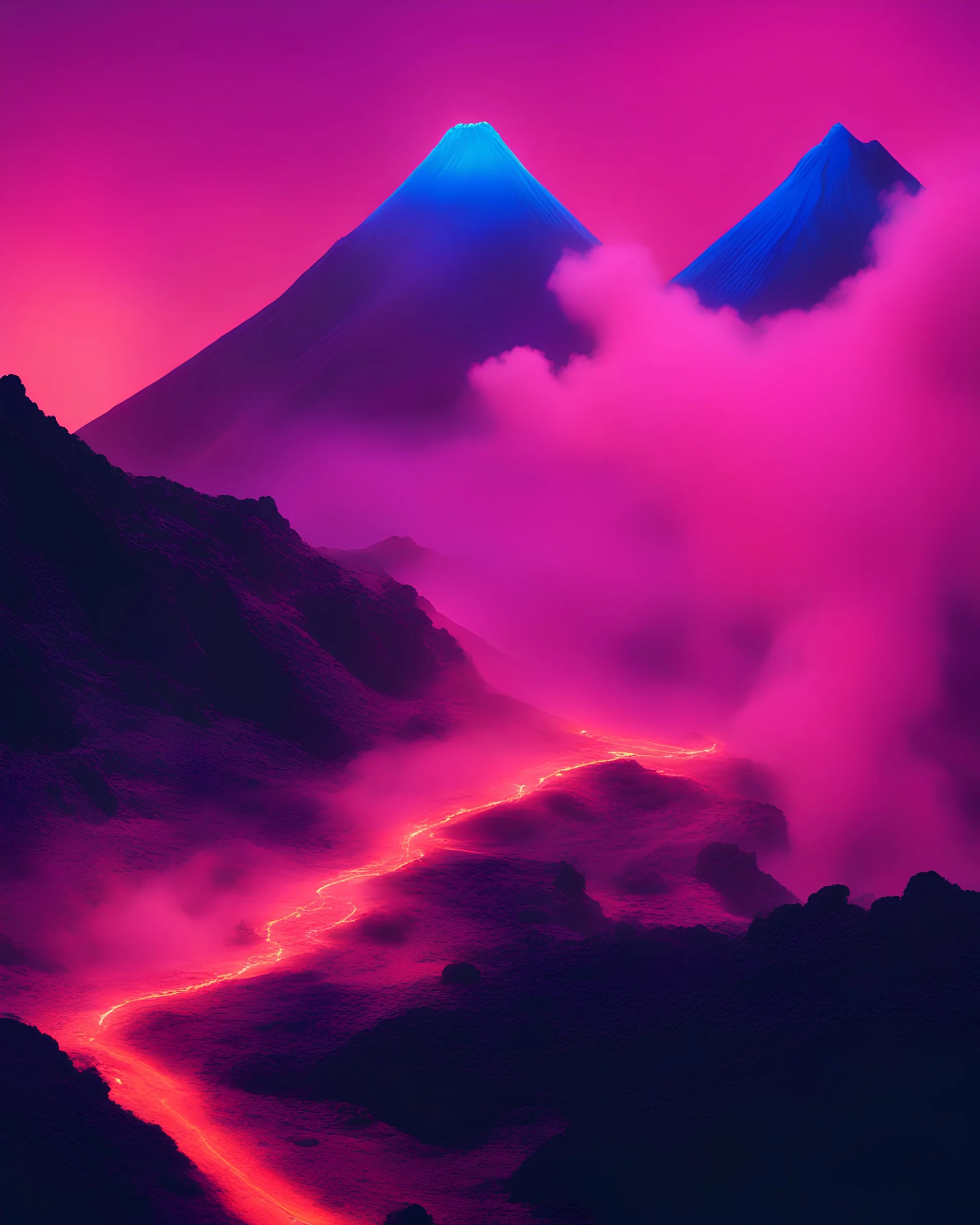 a photograph of a volcano scene that is lit up, in the style of light magenta and light indigo, digital manipulation, light orange and azure, primitivist, glassy translucence, kodak portra, neon and fluorescent light