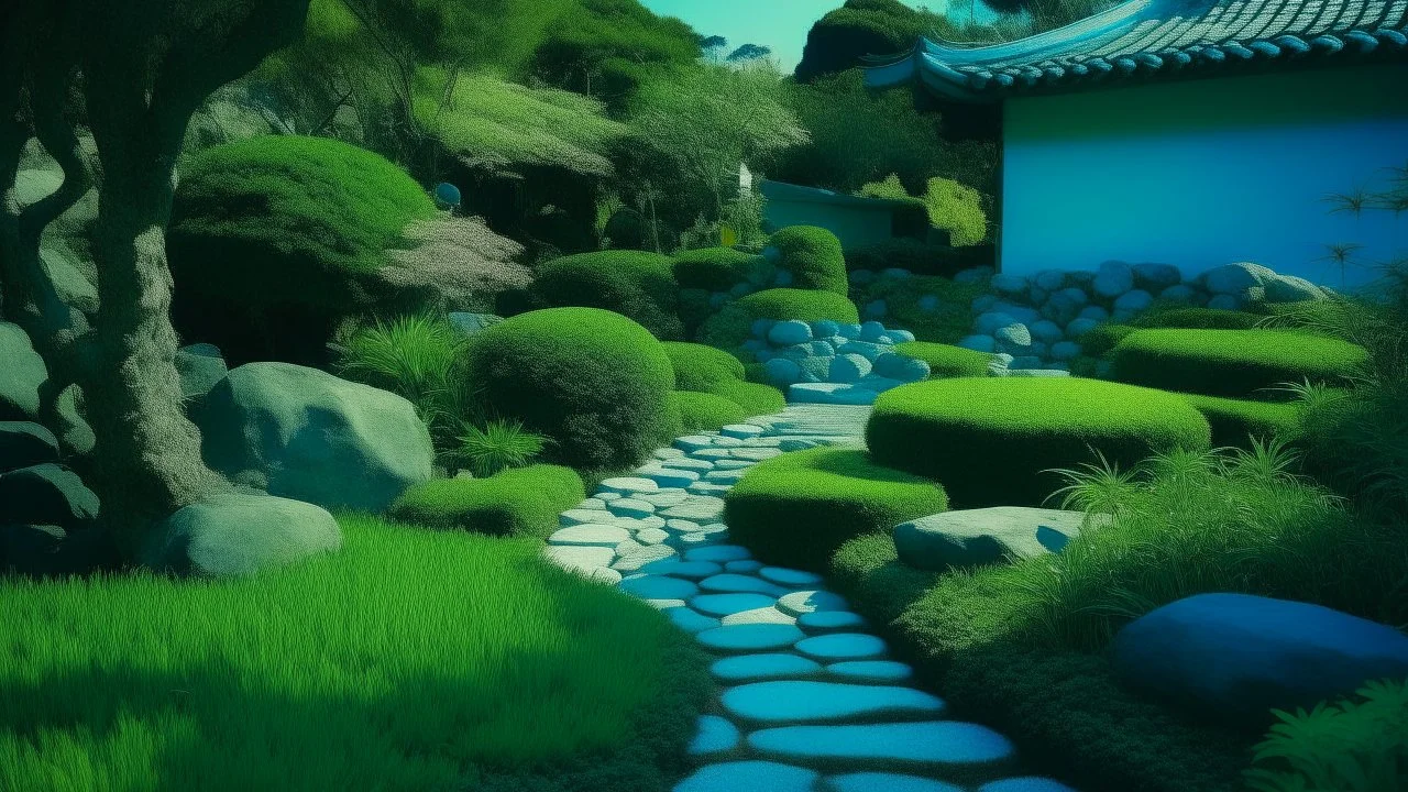 Contemplative and japanese-style realist photo of a Portugal garden. Shapes are grainy and with a little blur. Colors are vivid, electric blue, electric green and electric grey.